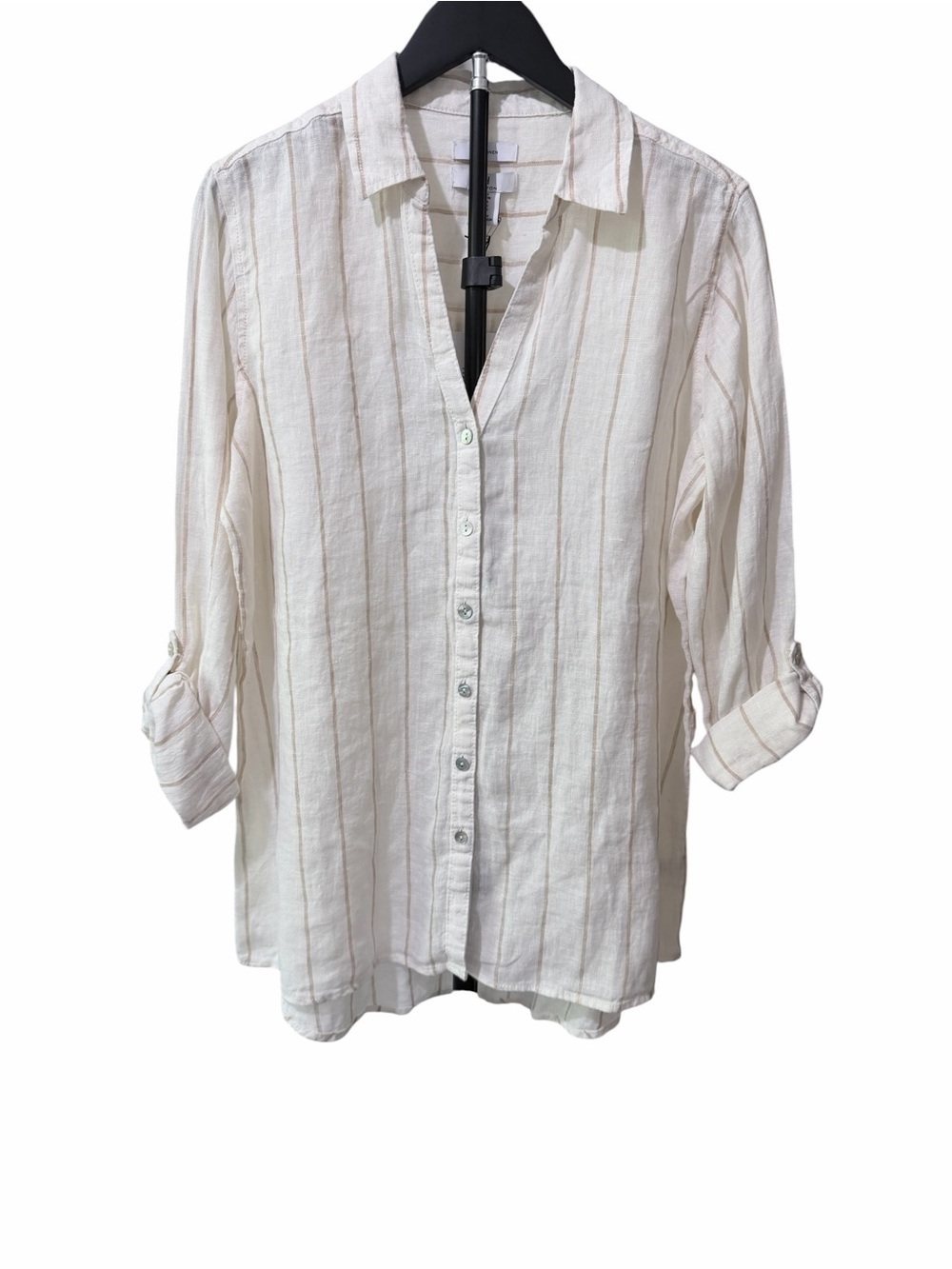 H Halston Ivory Linen Shirt with Taupe Stripes M NWT